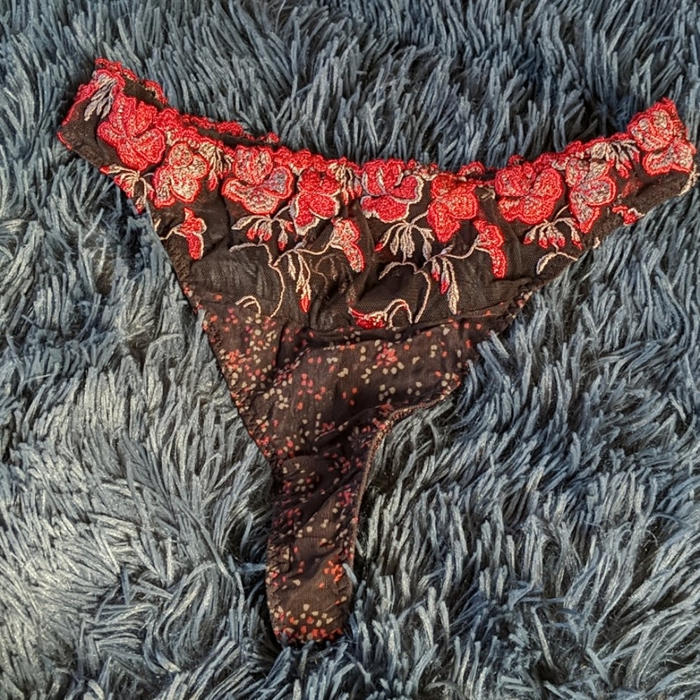 Black Thong with Red Floral Embroidery